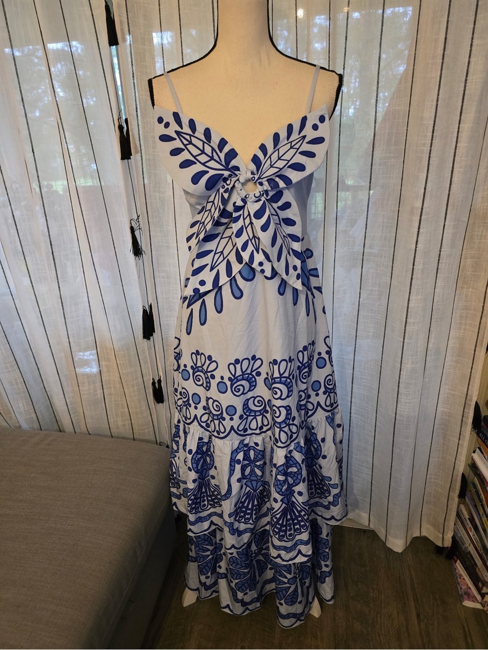 Blue & White Botanical Tie-Front Maxi Dress